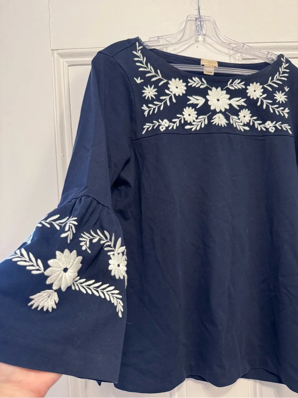 J. Crew Navy Embroidered Bell-Sleeve Top